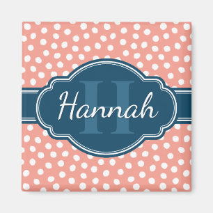 Pink White Dotted Pattern Navy Monogram Magnet
