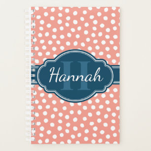 Pink White Dotted Pattern Navy Monogram Planner