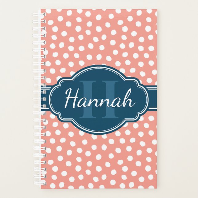 Pink White Dotted Pattern Navy Monogram Planner (Front)