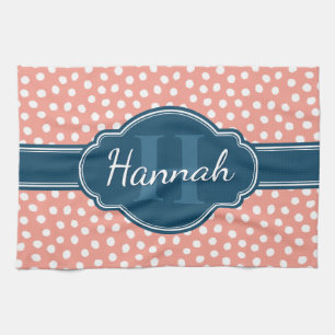 Pink White Dotted Pattern Navy Monogram Tea Towel