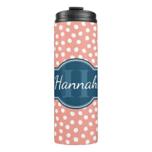 Pink White Dotted Pattern Navy Monogram Thermal Tumbler