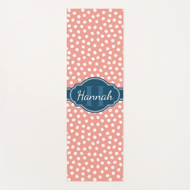 Pink White Dotted Pattern Navy Monogram Yoga Mat (Front)