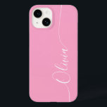 Pink White Elegant Calligraphy Script Name Case-Mate iPhone 14 Case<br><div class="desc">Pink Elegant White Calligraphy Script Custom Personalised Name iPhone 14 Smart Phone Cases features a modern and trendy simple and stylish design with your personalised name in elegant hand written calligraphy script typography on a pink background. Designed by ©Evco Studio www.zazzle.com/store/evcostudio</div>
