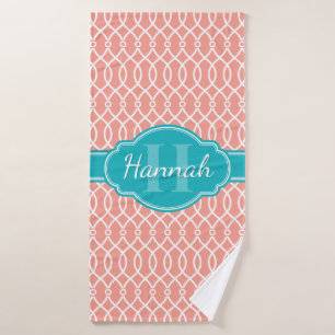 Pink White Elegant Lattice Pattern Teal Monogram Bath Towel