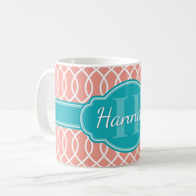 Pink White Elegant Lattice Pattern Teal Monogram Coffee Mug (Front Left)