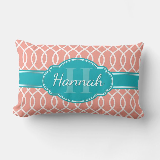 Pink White Elegant Lattice Pattern Teal Monogram Lumbar Cushion (Front)