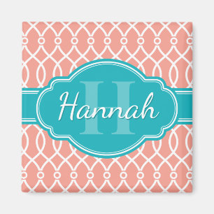Pink White Elegant Lattice Pattern Teal Monogram Magnet