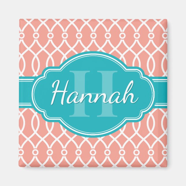 Pink White Elegant Lattice Pattern Teal Monogram Magnet (Front)