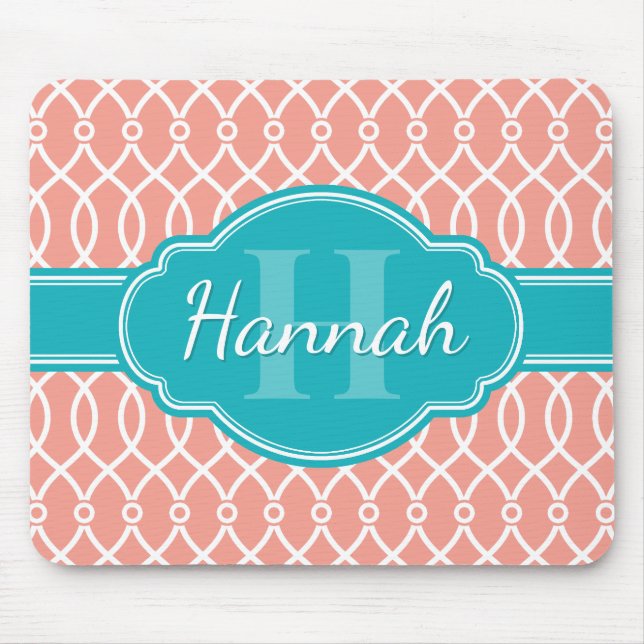 Pink White Elegant Lattice Pattern Teal Monogram Mouse Pad (Front)