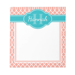 Pink White Elegant Lattice Pattern Teal Monogram Notepad