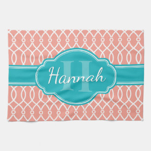 Pink White Elegant Lattice Pattern Teal Monogram Tea Towel
