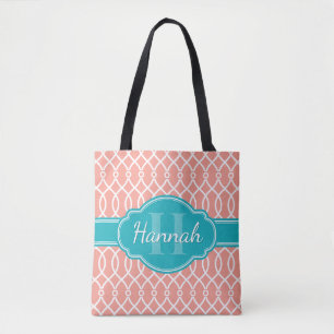Pink White Elegant Lattice Pattern Teal Monogram Tote Bag