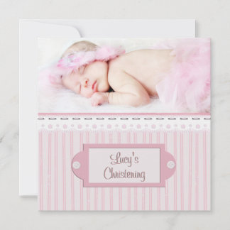 Pink White Eyelet Girl Photo Baptism Christening Invitation