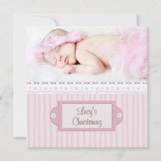 Pink White Eyelet Girl Photo Baptism Christening Invitation