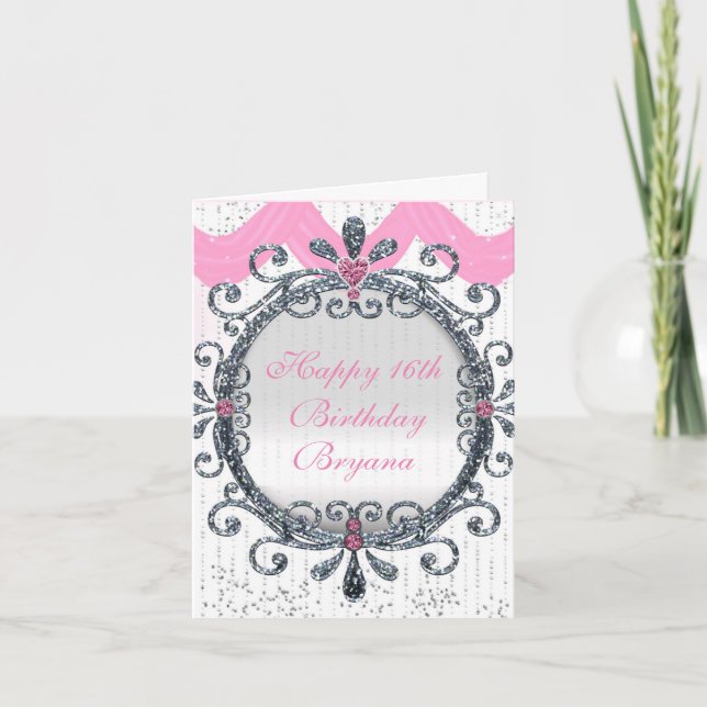 Pink & White Fancy Frame Birthday Greeting Card (Front)