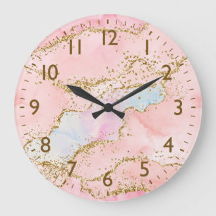 Pink & White & Faux Gold Glitter Agate Monogram Large Clock