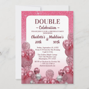 Pink White Festive Feminine Glitter Joint Birthday Invitation