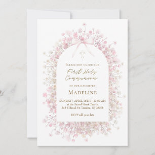 pink white  First Communion girl Invitation