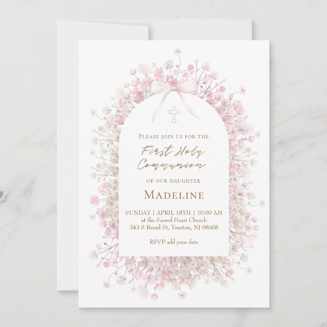 pink white  First Communion girl Invitation (Front)