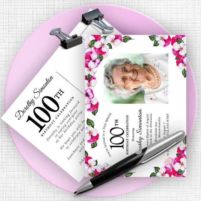 Pink White Floral 100th Birthday Invitation Postcard (Creator Uploaded)