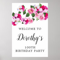 Pink White Floral 100th Birthday Party Welcome
