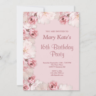 Pink/White Floral 16th Birthday Party Invitation
