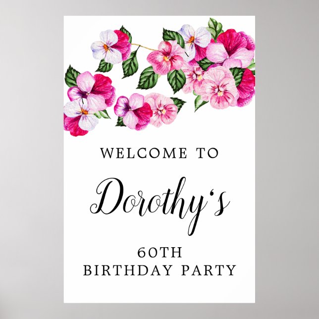 Pink White Floral 60th Birthday Welcome Poster (Front)