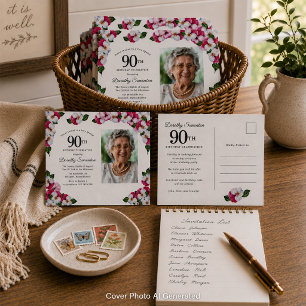 Pink White Floral 90th Birthday Invitation Postcard