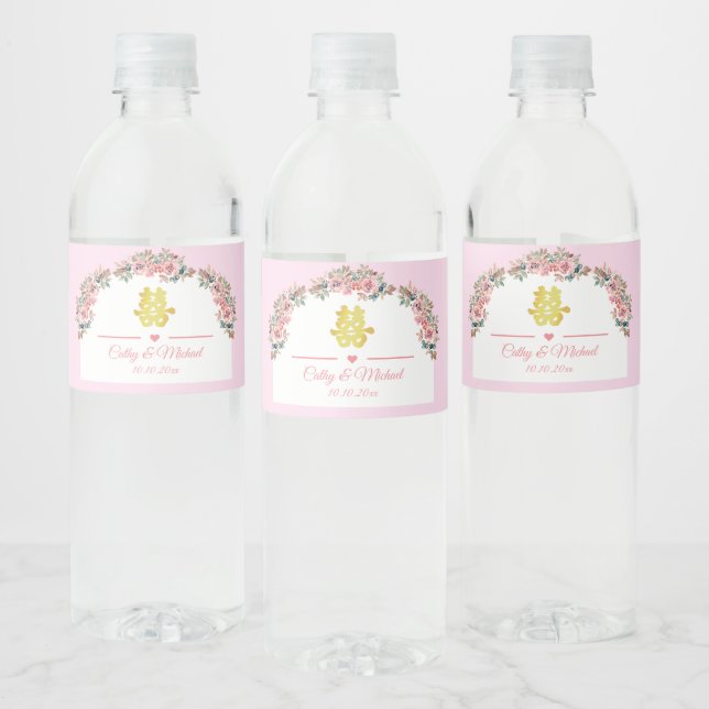 Pink white floral arch Chinese wedding double xi Water Bottle Label (Bottles)