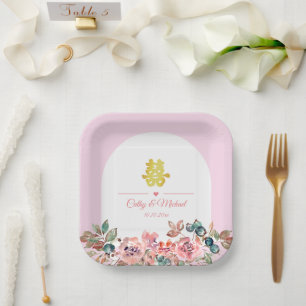 Pink white floral arch Chinese wedding Paper Plate