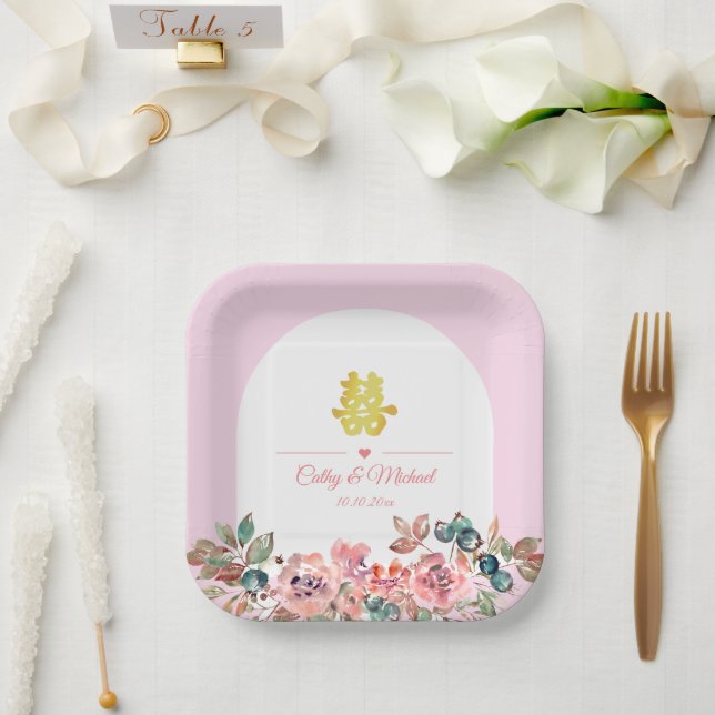 Pink white floral arch Chinese wedding Paper Plate (Wedding)