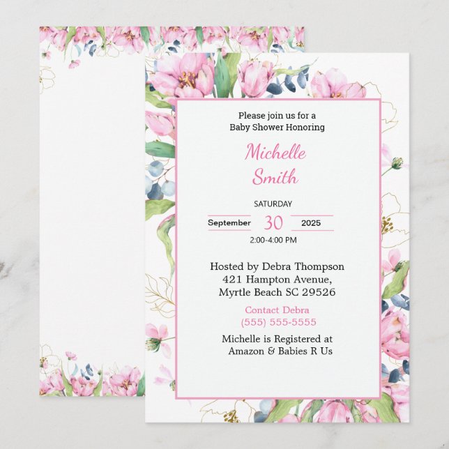   Pink White Floral Baby Shower Invitations
