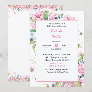 Pink White Floral Baby Shower Invitations