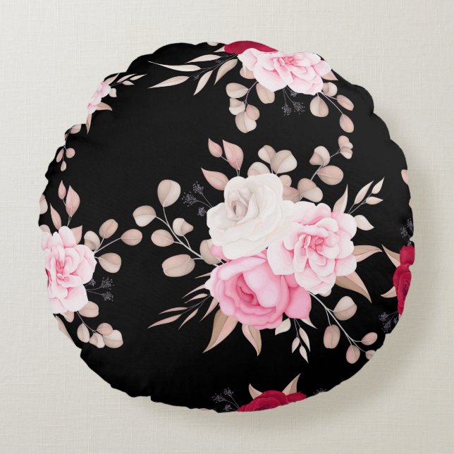 pink,white floral black-ground round cushion (Front)