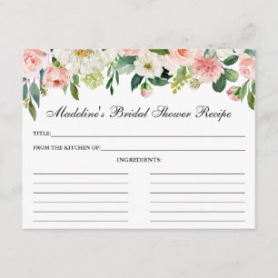Pink White Floral Bridal Shower Recipe Card