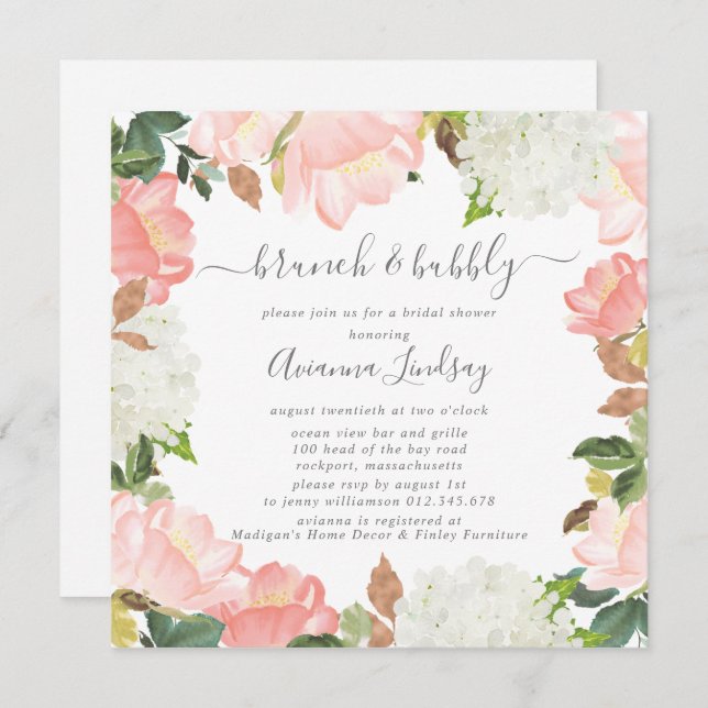 Pink White Floral Brunch Bubbly Invitation (Front/Back)