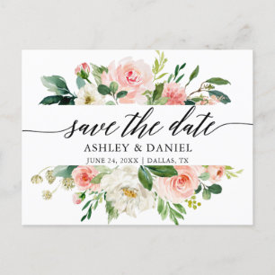 Pink White Floral Calligraphy Save The Date Postcard