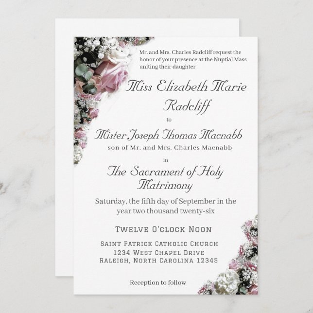 Pink & White Floral Catholic Wedding Invitation (Front/Back)
