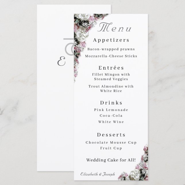 Pink & White Floral Catholic Wedding Menu (Front/Back)