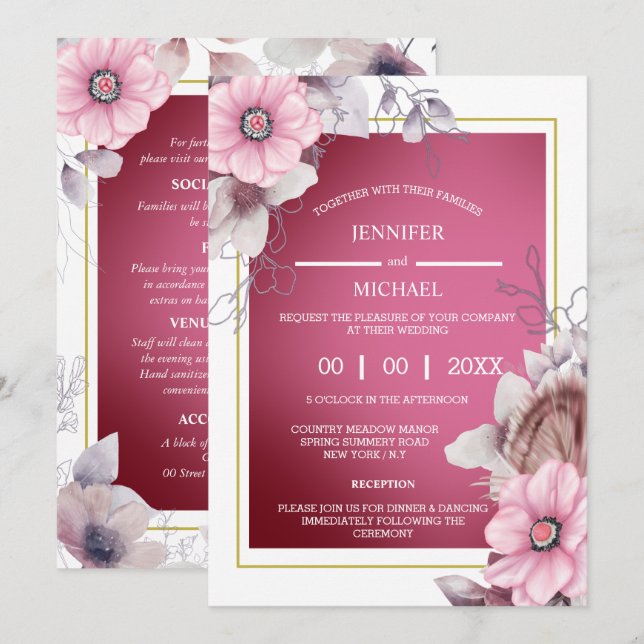 Pink white floral country garden blossoms chic invitation (Front/Back)
