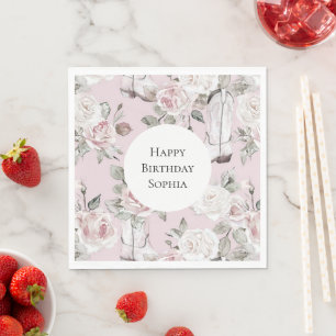 Pink White Floral Cowgirl Boots Birthday Napkin