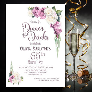 Pink White Floral Dinner and Drinks 65th Birthday Invitation