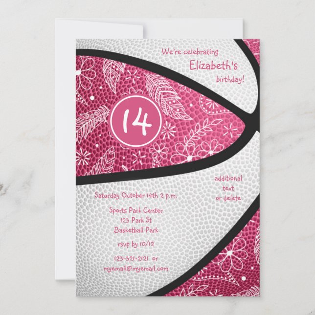 pink white floral doodle basketball celebration invitation (Front)