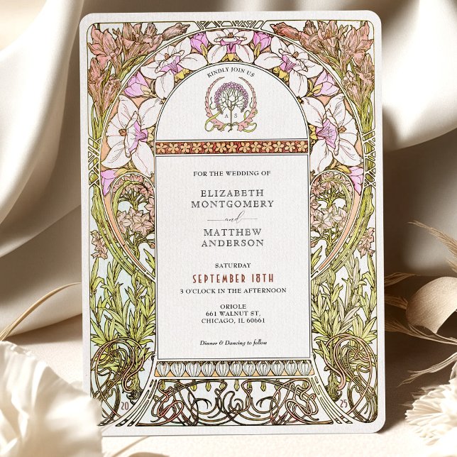 Pink & White Floral Elegance Art Nouveau Wedding Invitation (Creator Uploaded)