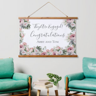 Pink White Floral Elegant Engagement Banner Hanging Tapestry