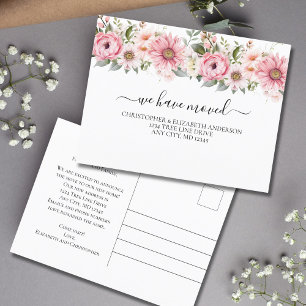 Pink White Floral Flowers Script Moving Announcement Postcard