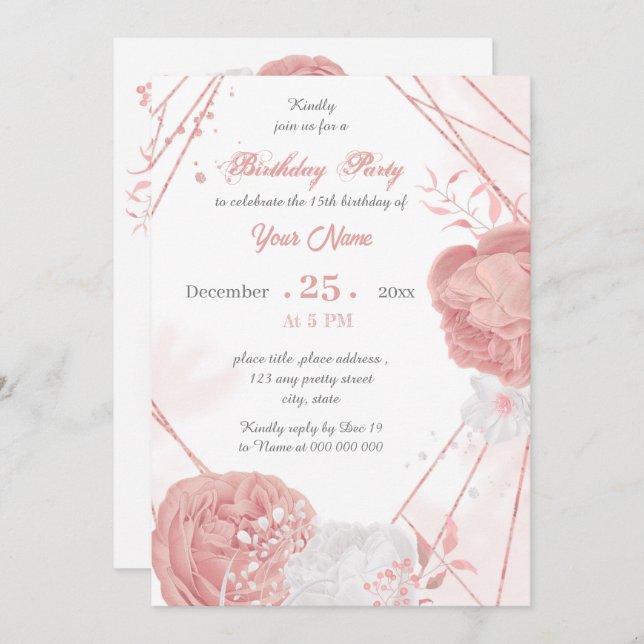 pink & white floral geometric birthday party invitation (Front/Back)