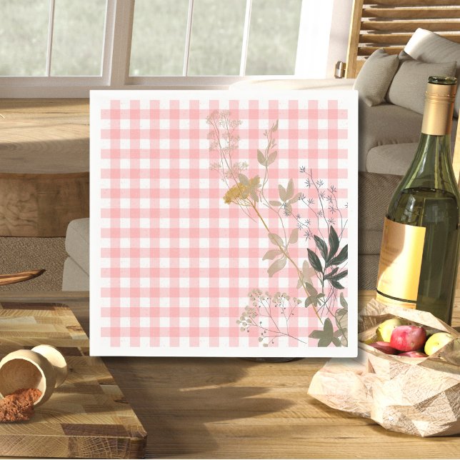 Pink White Floral Gingham Plaid Country Farmhouse Napkin (Creator Uploaded)