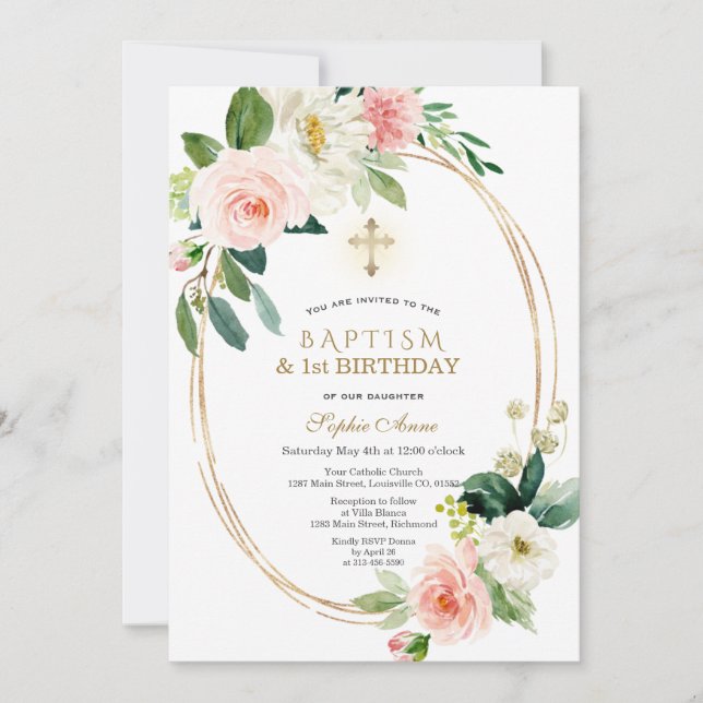 Pink White Floral Girl 1st Birthday &  Baptism Invitation (Front)