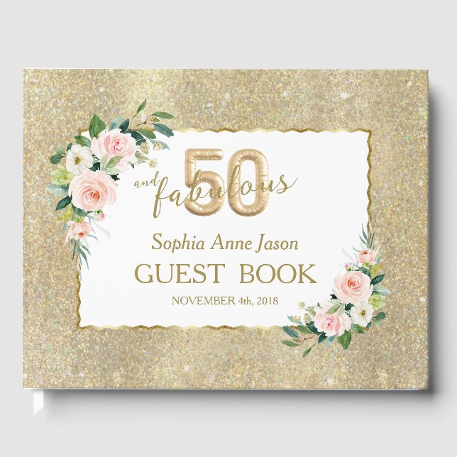Pink White Floral Gold 50 and Fabulous Birthday Guest Book (Front)
